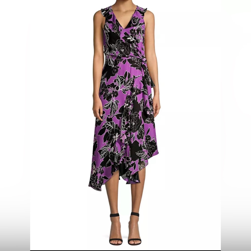 Parker Loreena Floral V Neck Ruffle Midi Wrap Dress Gianna Purple Silk Size 8.